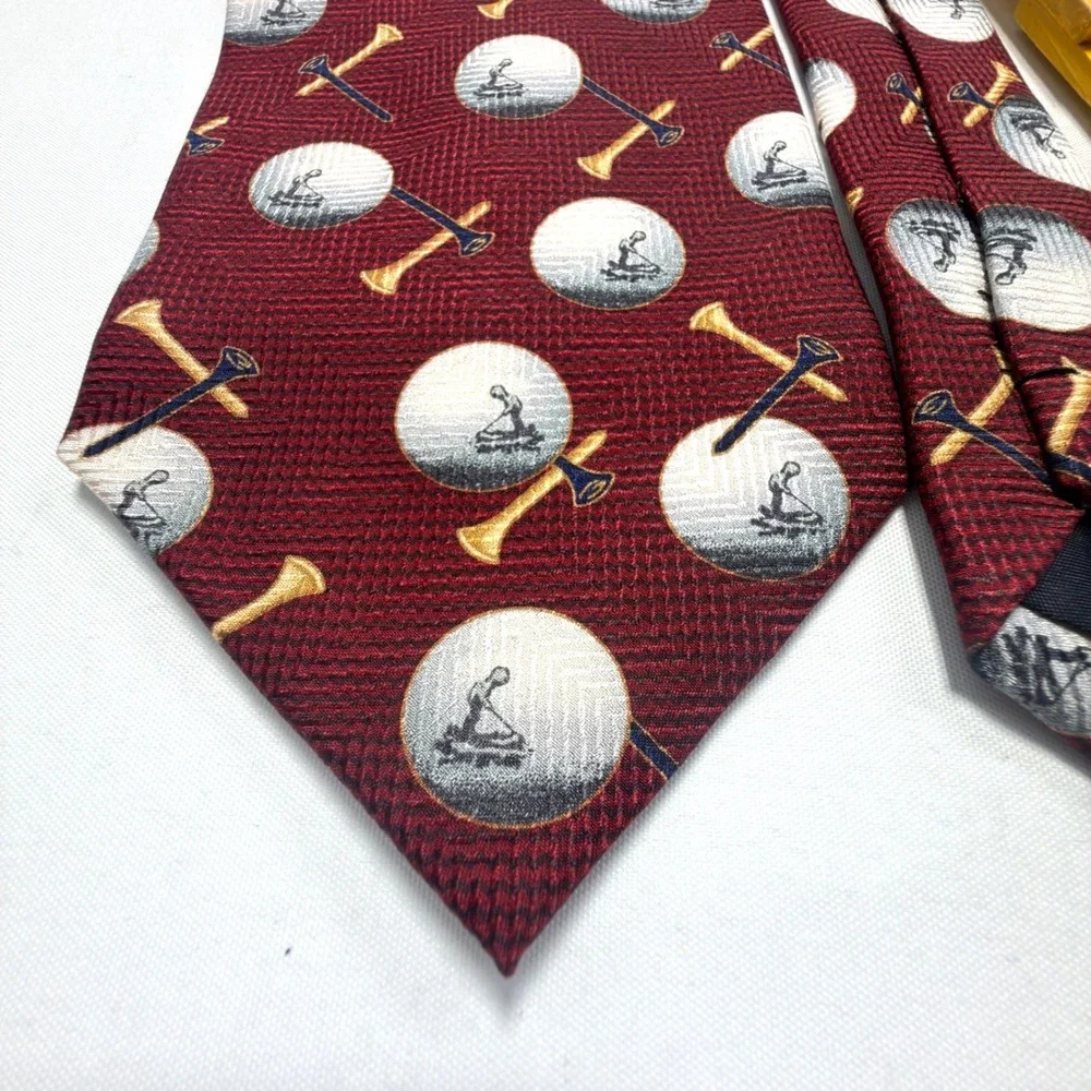 Pinehurst Golf Club Golf Ball & Crossed Clubs Silk Necktie Burgundy